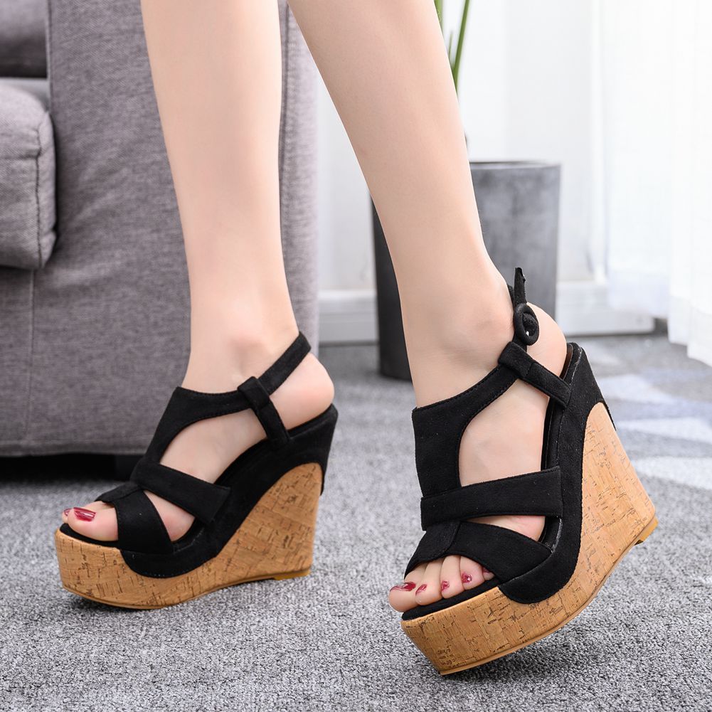 12 cm Wooden Grain Wedge Fishmouth Sandals