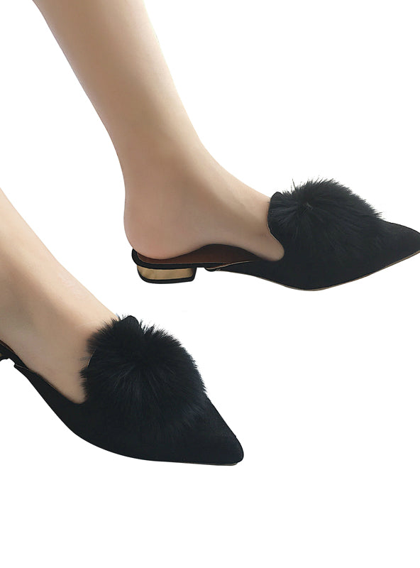 Women Flats Shoes Pompom Faux Fur Pointed Toe