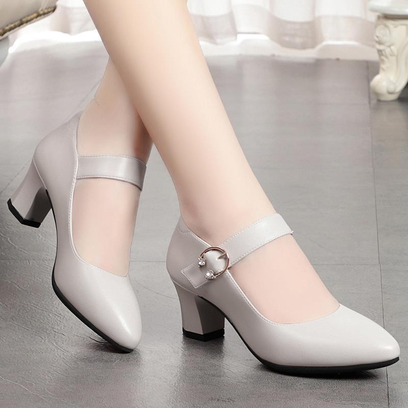 High Heels White Thick Heel Pumps Lady Shoes