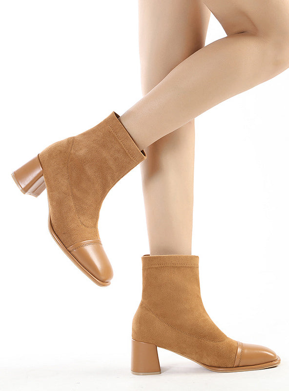 Suede Color Matching Square Head Short Martin Boots