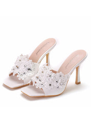 White Lace Rhinestone Square Slippers