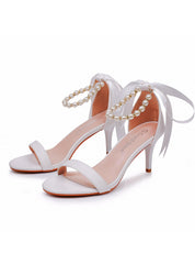 7 cm White Beaded Ribbon Stiletto Sandals