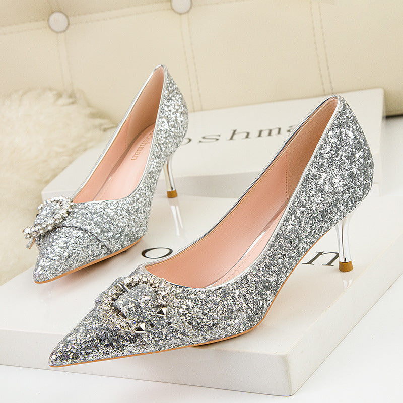 Thin High Heel Pointed Sequined Belt Buckle Shoes