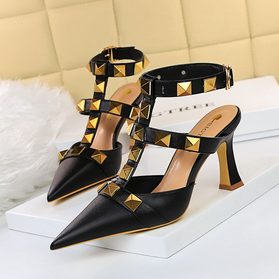 Metal Rivet Sandals Pointed Heel