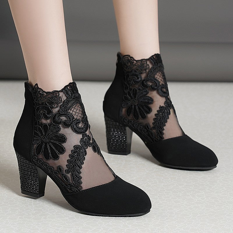 Hollow Mesh Lace Thick Heel Sandals Boots