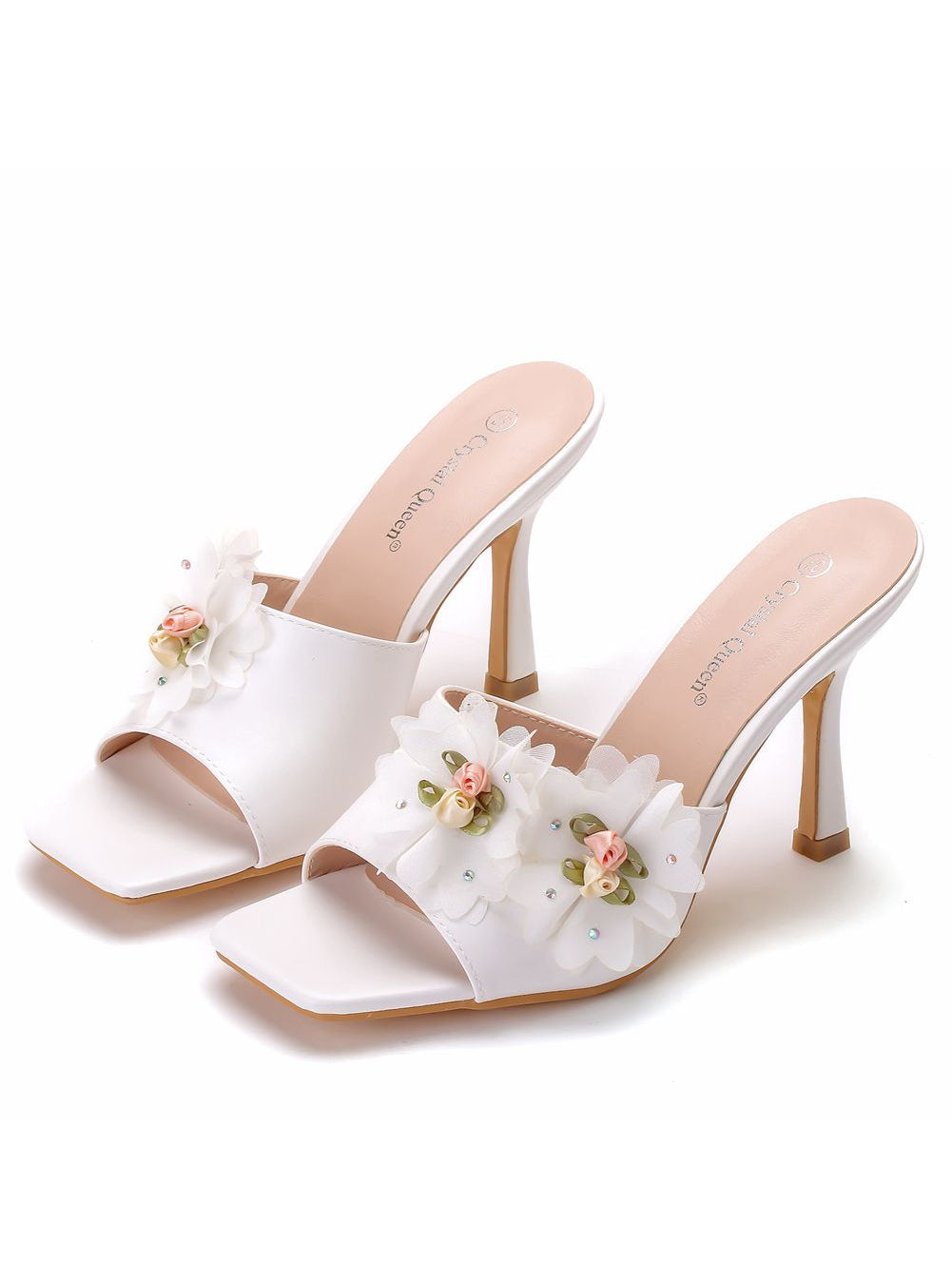 White Flower Square Slippers Shoes