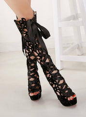 Womens Heels Knee High Boots Peep Toe High Heels