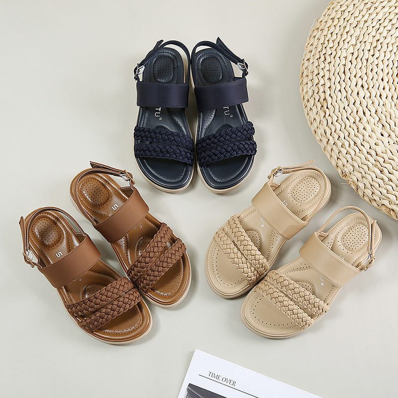 Retro-style Light Sandals With Two Woven Small Pores