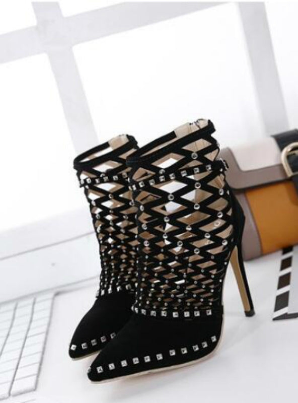 Sandals Rivet Studded Cut Out Caged Ankle Boots Stiletto