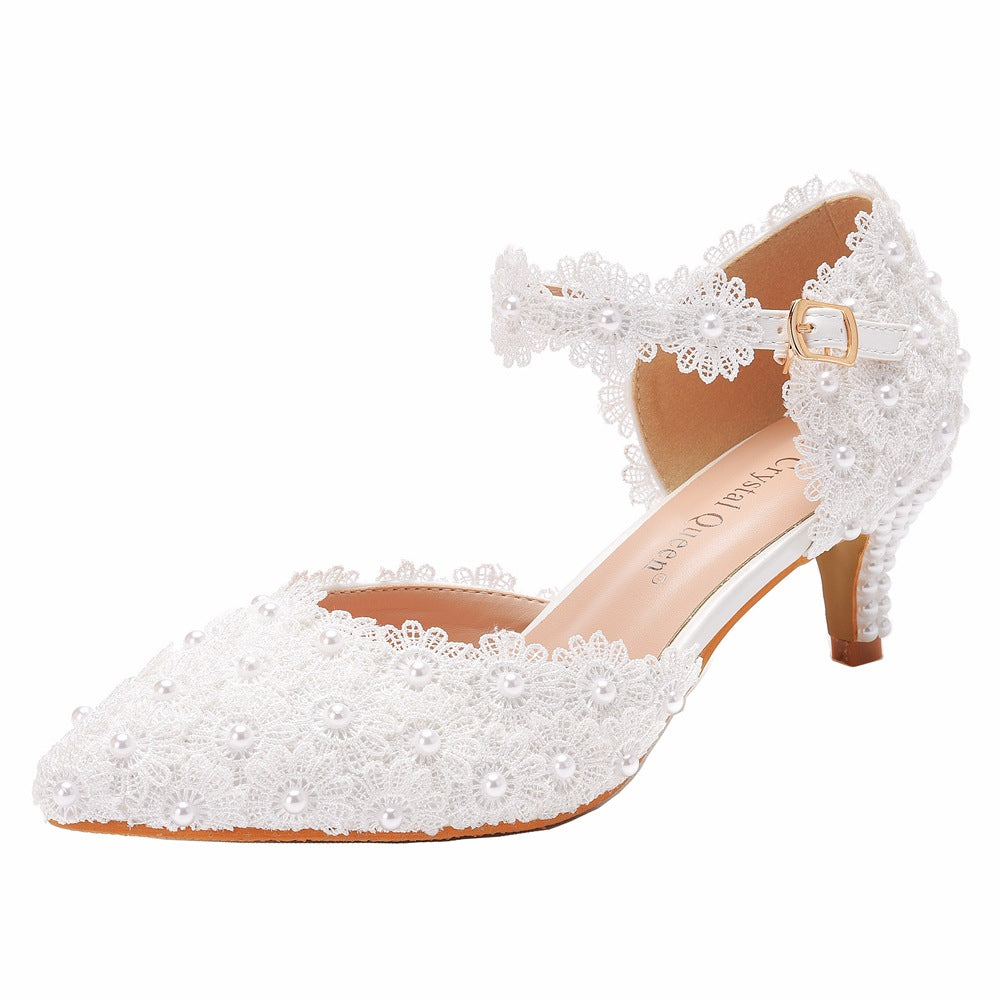 White Lace Pointed Sandals Wedding Shoes