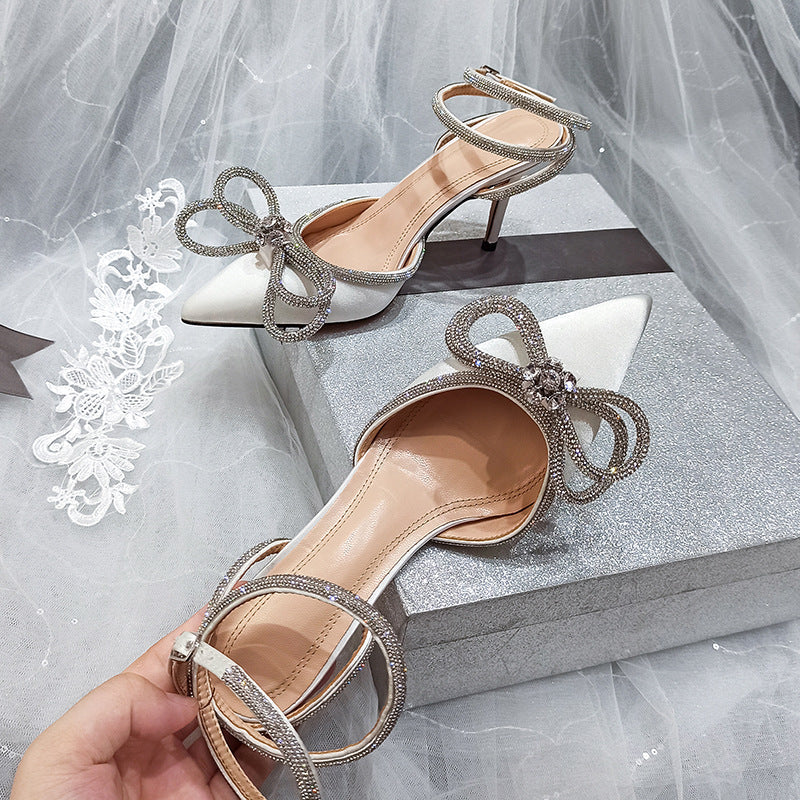 Pointed Sandals Bow Rhinestone Stiletto Heels