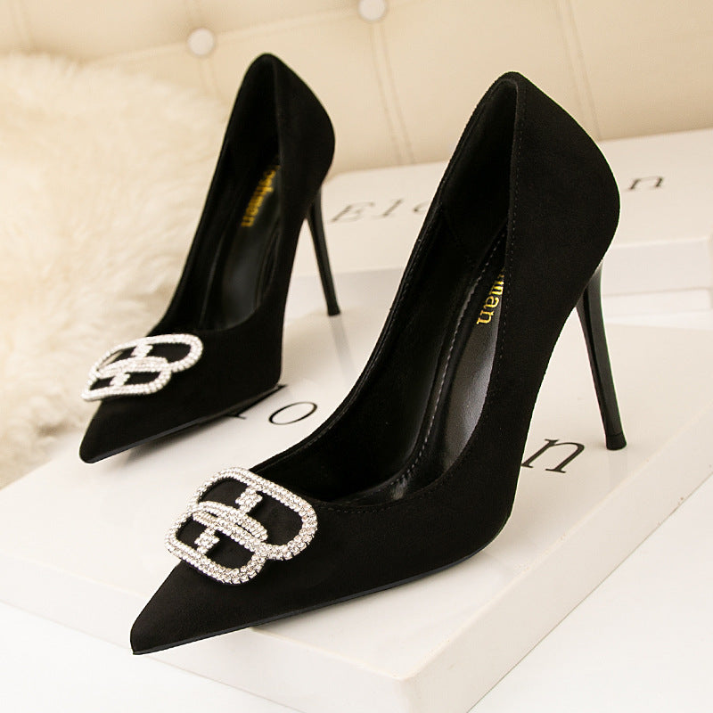 Suede Pointed Rhinestone Metal Buckle High Heels