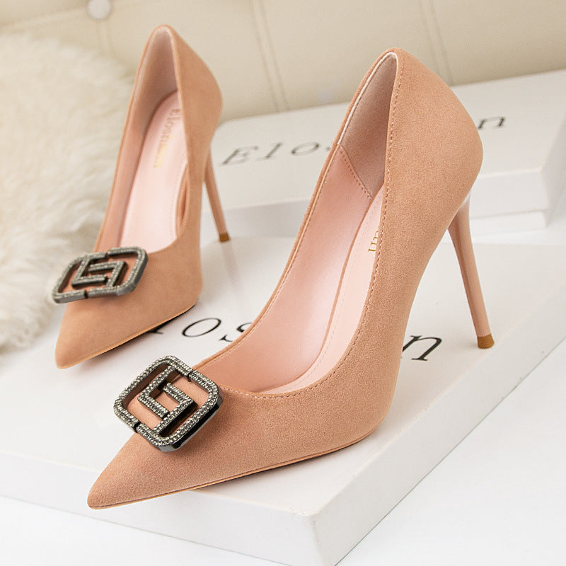 Diamond Pointed Thin Heels Metal Buckles Shoes