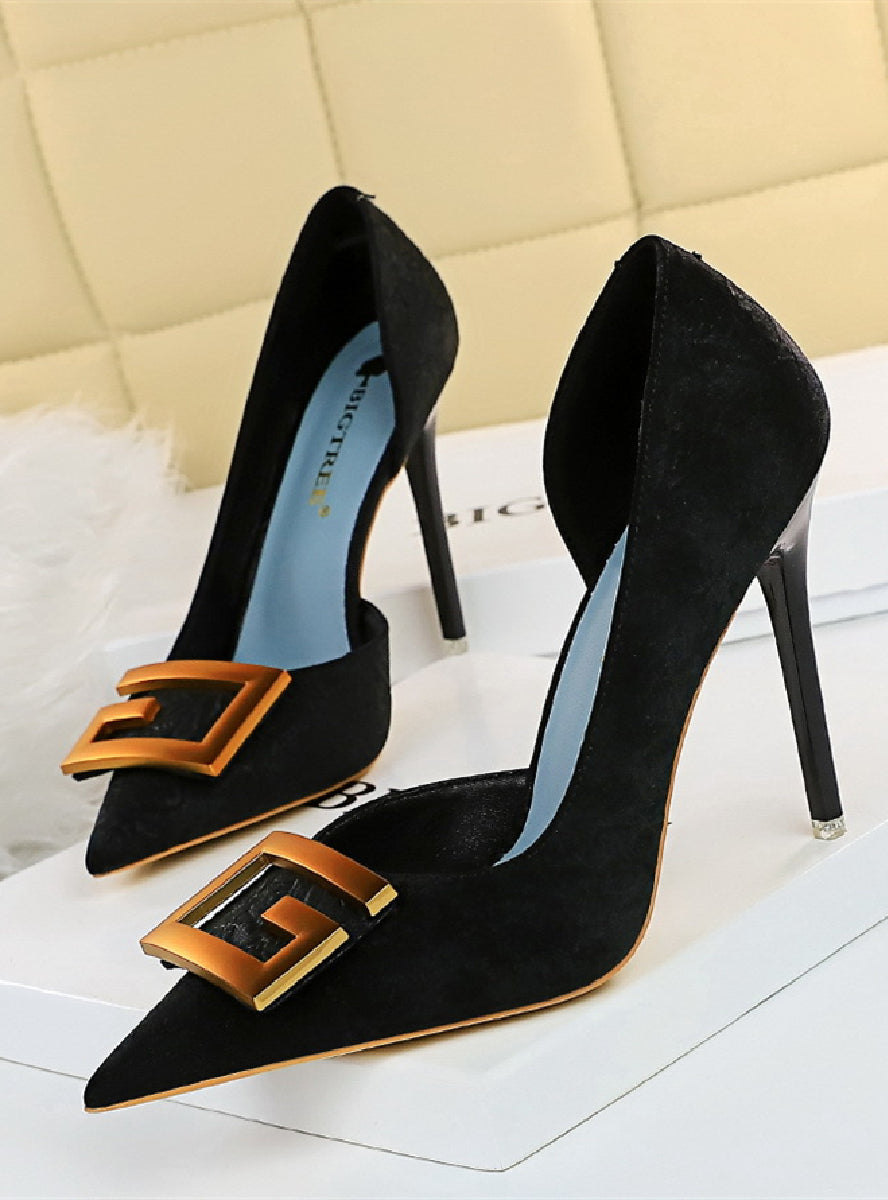 Shallow Pointed Square Buckle High Heels