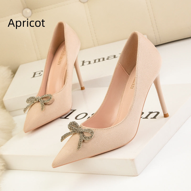 Shallow-mouthed Pointed Rhinestone Bow High Heels