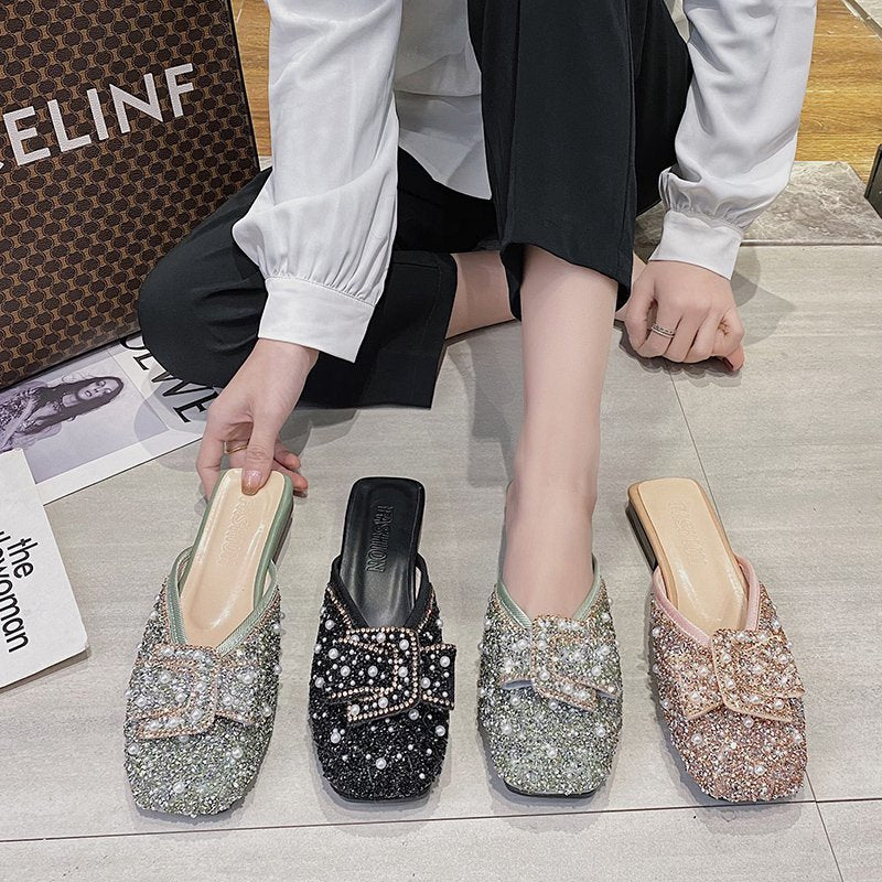 Flat-bottomed Rhinestone Square Bow Slipper