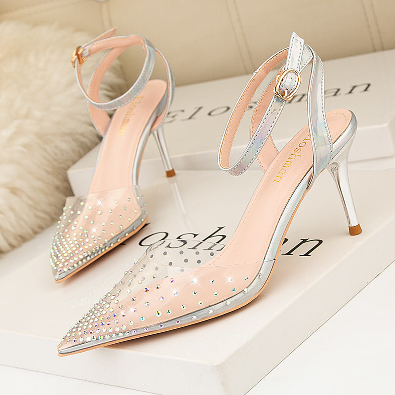 Transparent Rhinestone Pointed Thin Heels Sandals