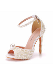 11 cm Shallow Mouth Thin-heeled Pearls Sandals