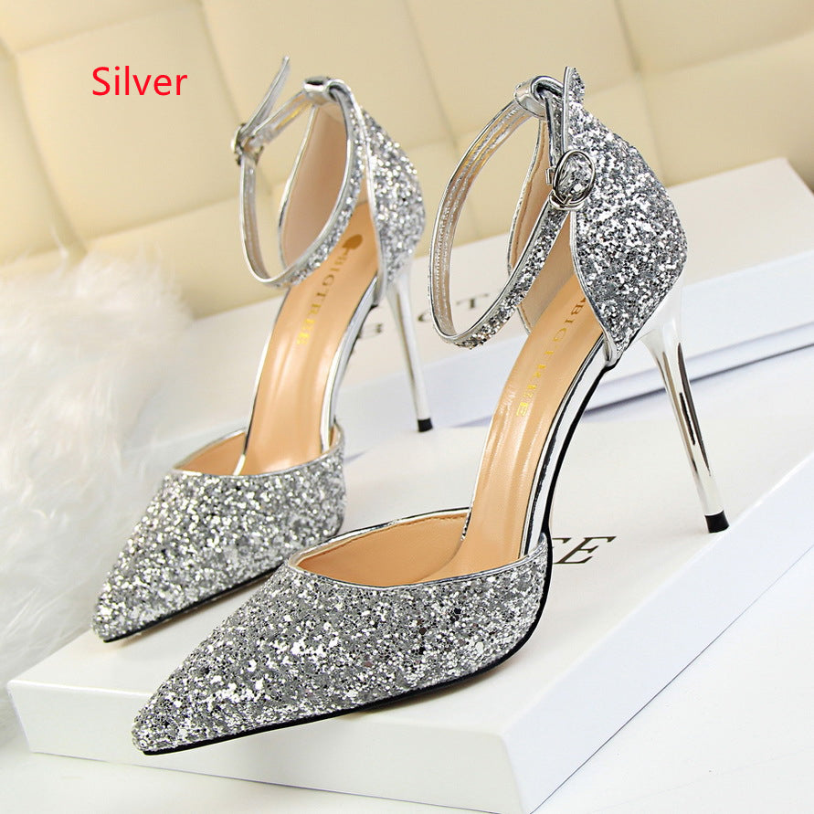 Hollow Sequined Pointed Toe High Heel Sandals