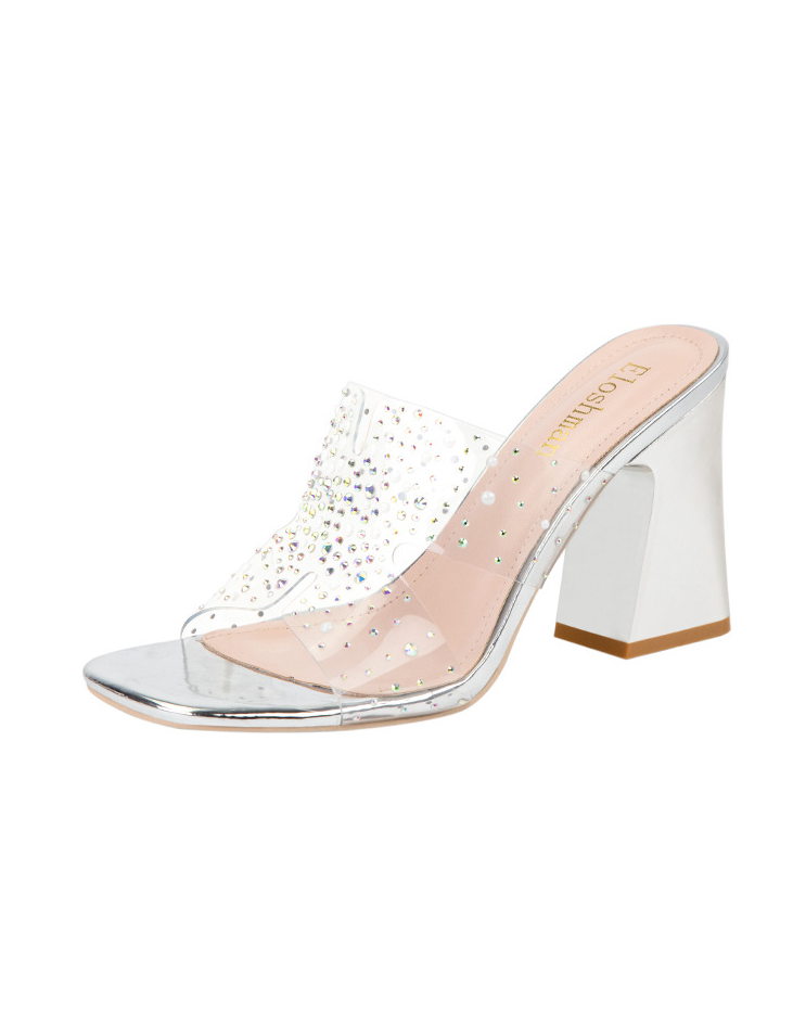 Rhinestones Thick Heels and Transparent Slipper