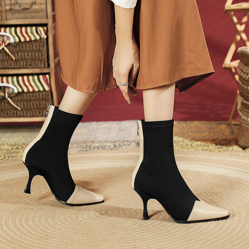 Splicing Square Head Elastic Socks High Heels Booties