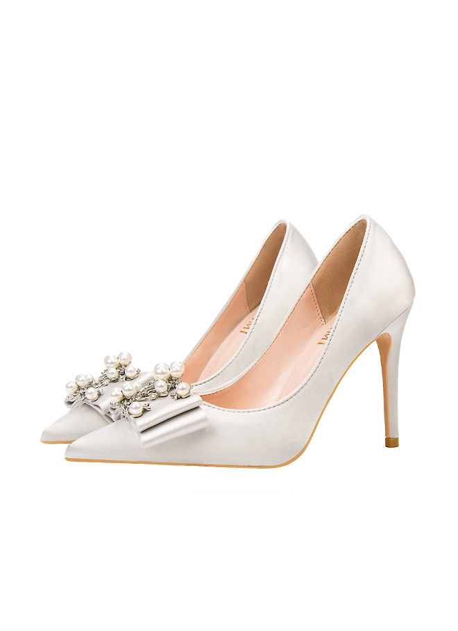 Satin Pointed Pearl Bow High Heels