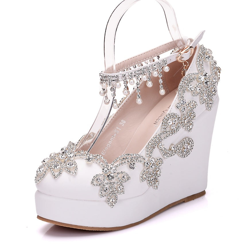 Beaded Tassel Round Toe High Heels Wedding Shoes