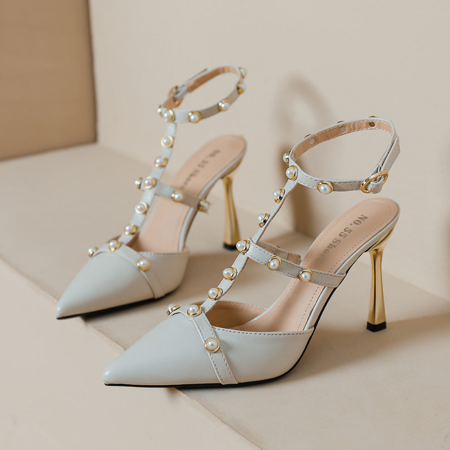 Pointed Metal Rivet High Heels Sandals