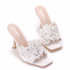 White Lace Rhinestone Square Slippers