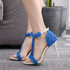 Beaded Thin Heel Fish Mouth Roman Sandals