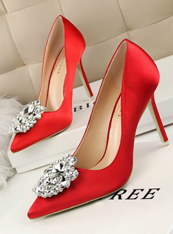 Rhinestone Silk Satin High Heels Shoes Thin Pointed