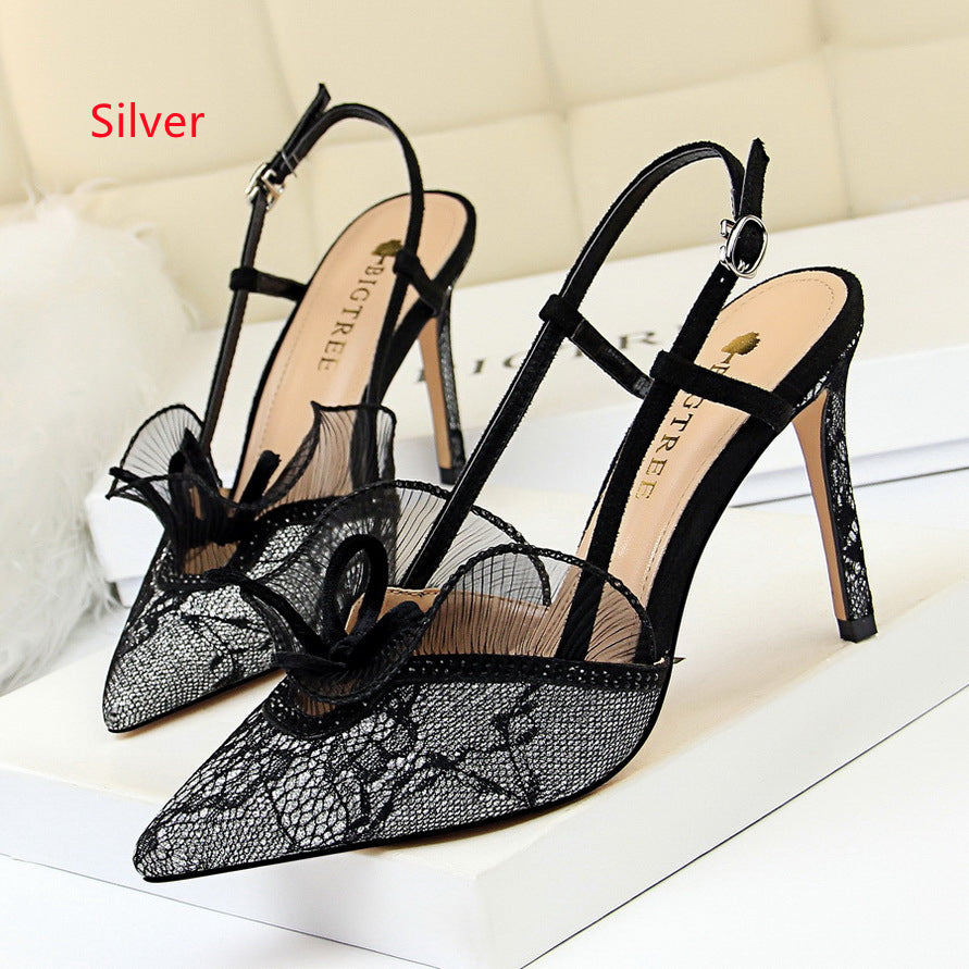 High Heel Rhinestone Lace Hollow Sandals