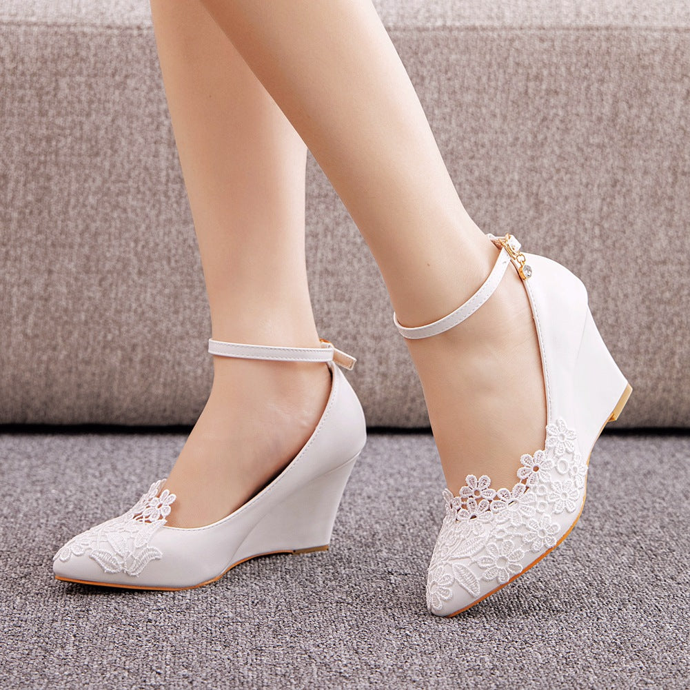 Lace Wedges Slim High Heels Wedding Shoes