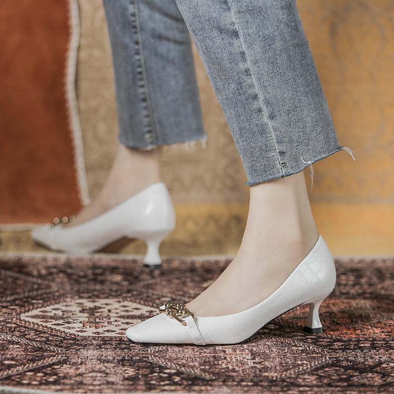 Retro-style Stone Square Toe Shallow High Heels