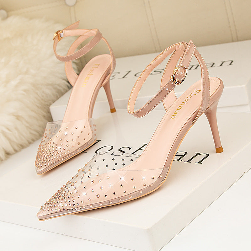 Transparent Rhinestone Pointed Thin Heels Sandals