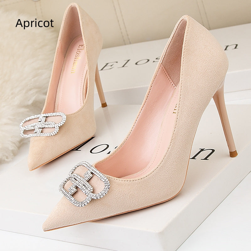 Suede Pointed Rhinestone Metal Buckle High Heels