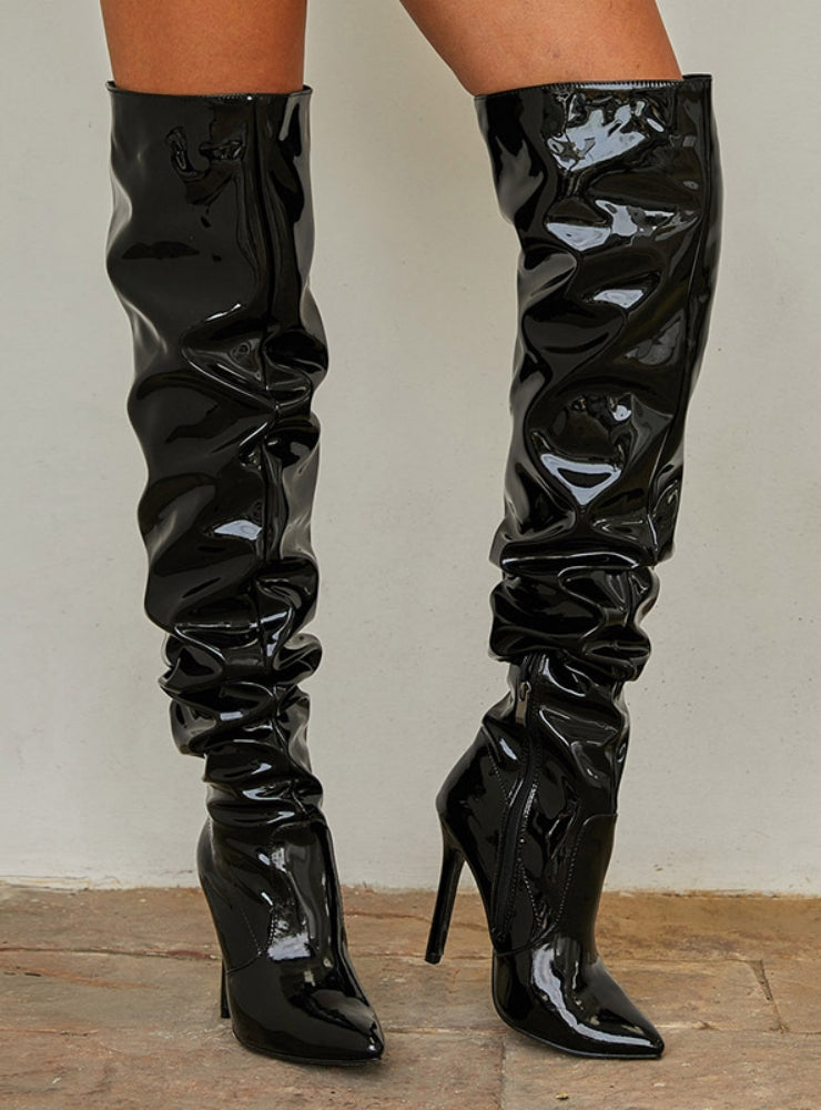 Elastic Pointed Patent Leather Over Knee Boots