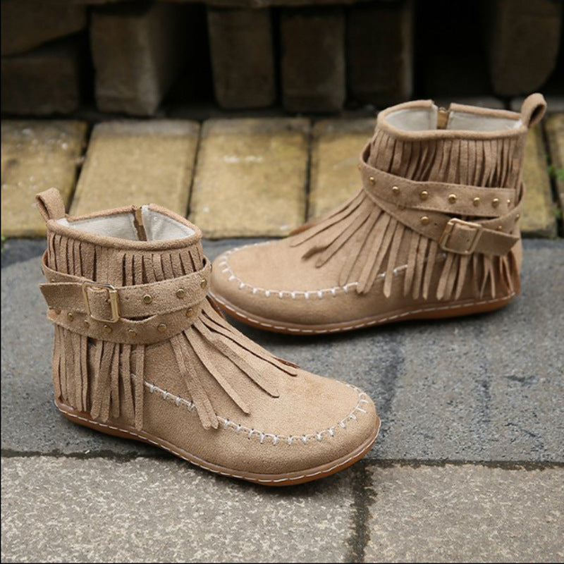 Fringed Rivet Belt Buckle Flat Booties