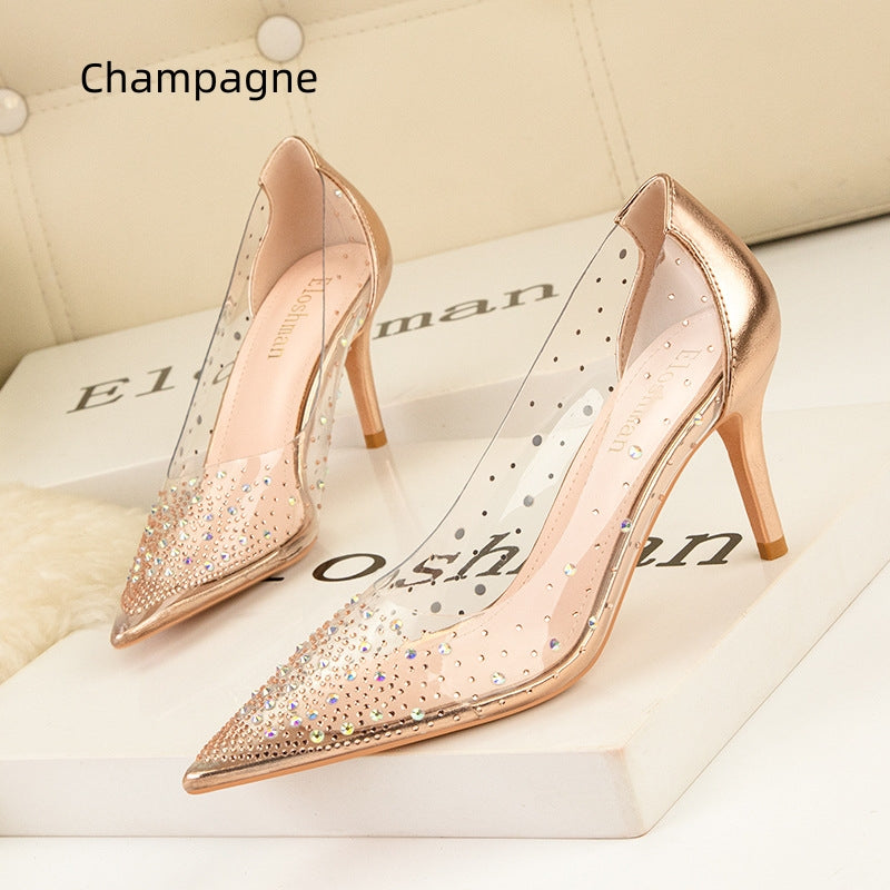 Transparent Rhinestone Banquet Pointed Thin High Heels Shoes