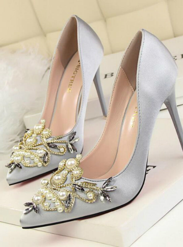 Rhinestone Crystal Shallow Fashion Faux Silk Satin Stiletto