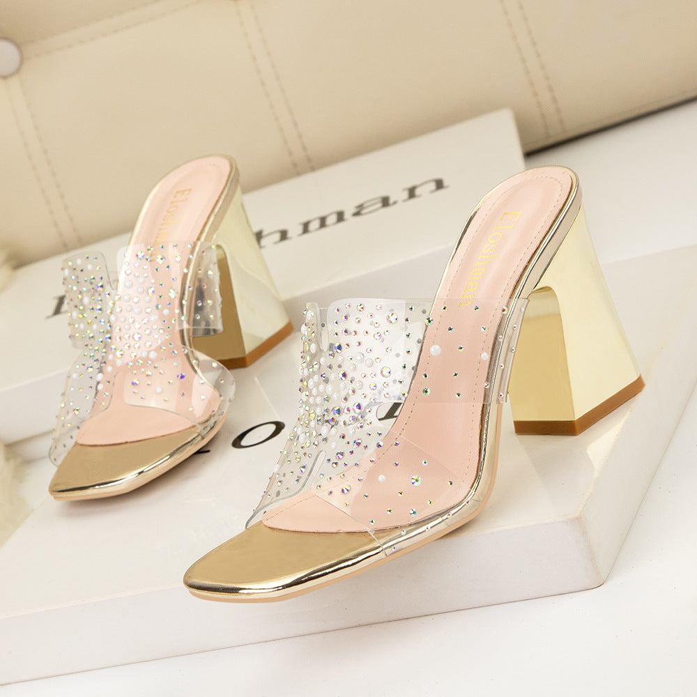 Rhinestones Thick Heels and Transparent Slipper