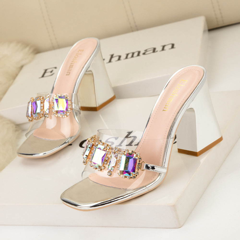 Thick-heeled Metal Diamond Buckle Slippers