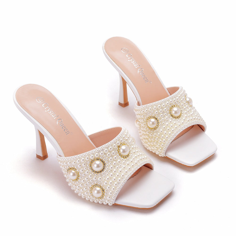 Square Pearl Beaded Chain High Heel Slippers