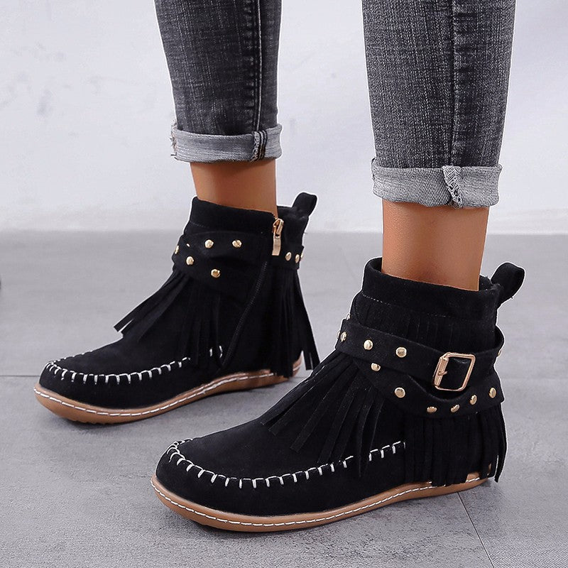 Fringed Rivet Belt Buckle Flat Booties