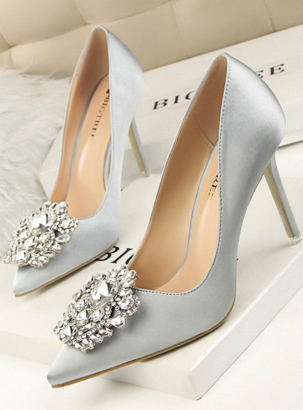 Rhinestone Silk Satin High Heels Shoes Thin Pointed