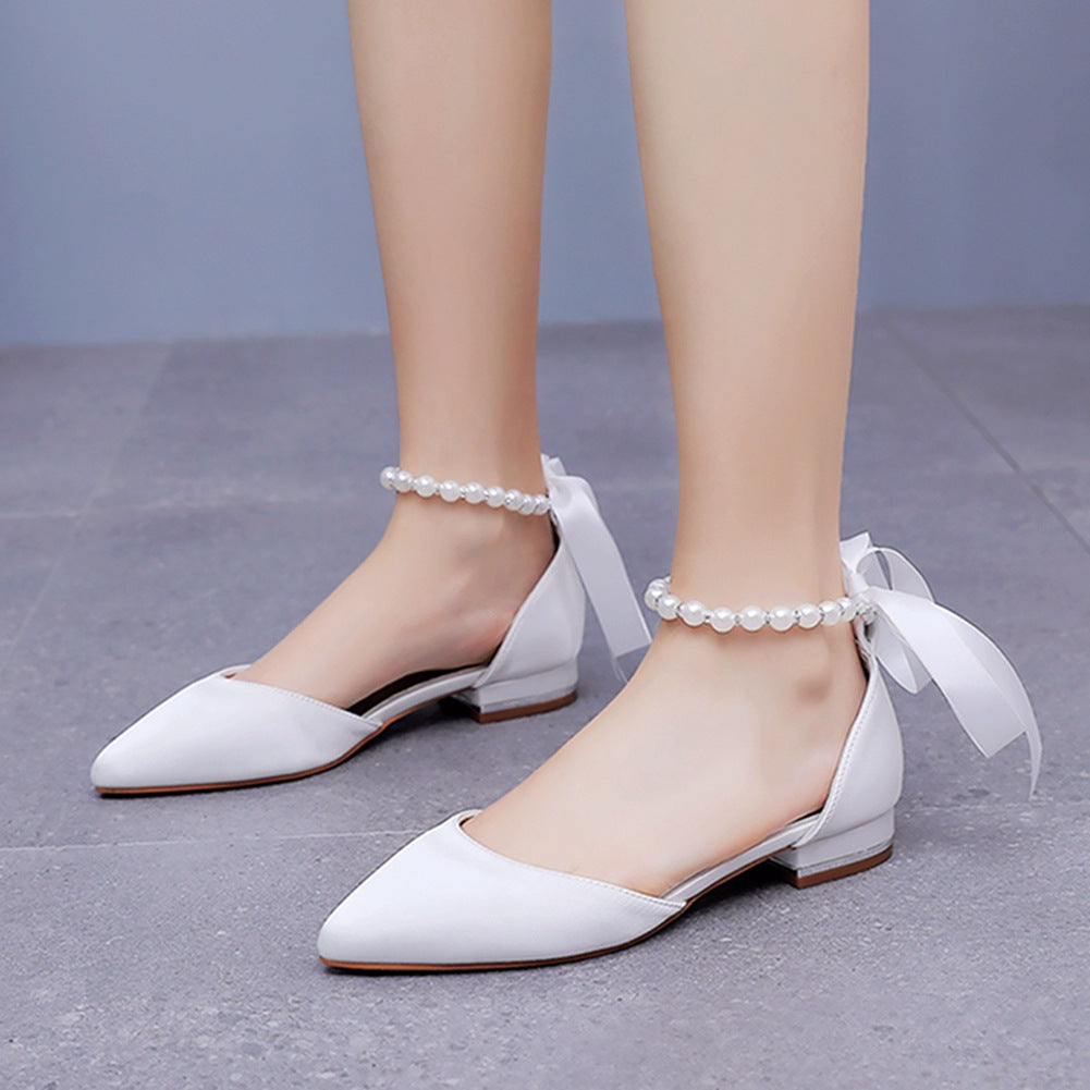 2 cm Flat-heeled Pointed White Satin Beaded Sandals