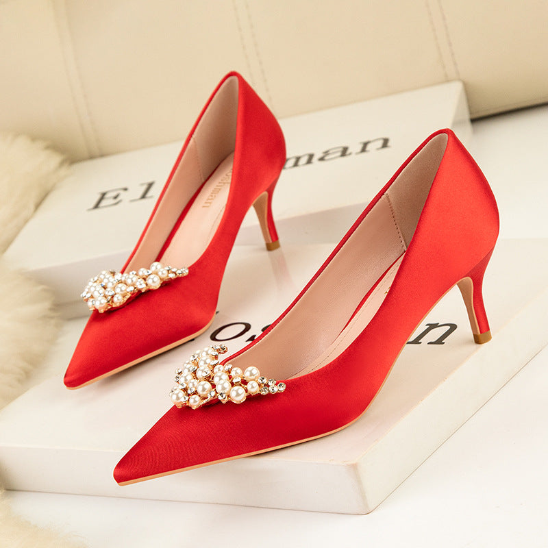 Thin Heels Pointed Pearl Rhinestone Shoes