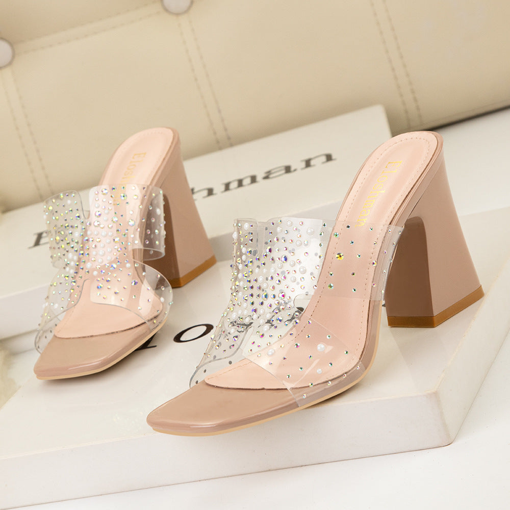 Rhinestones Thick Heels and Transparent Slipper