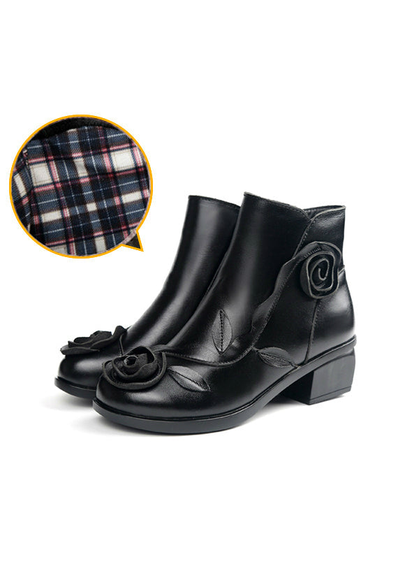 Flower Square Heels Round Toe Leather Women Boots