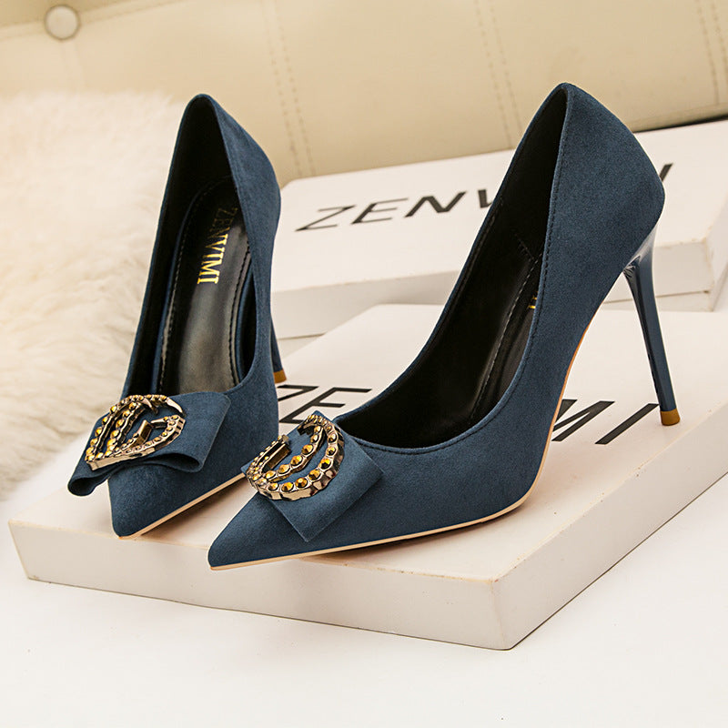 Suede Rhinestone Metal Buckle High Heels